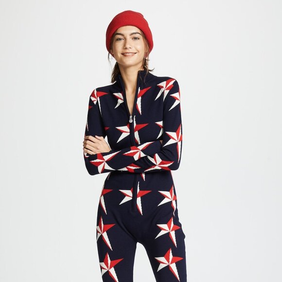 NWOT Perfect Moment Women's Star Wool Jumpsuit One-Piece Navy Red White Size L